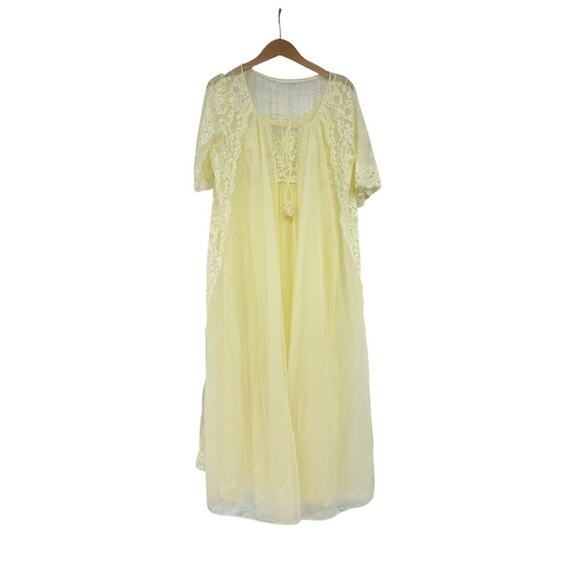 Vintage Shadowline Gown Robe Set Women Yellow Lace Chiffon Peignoir Bridal M - Picture 1 of 9